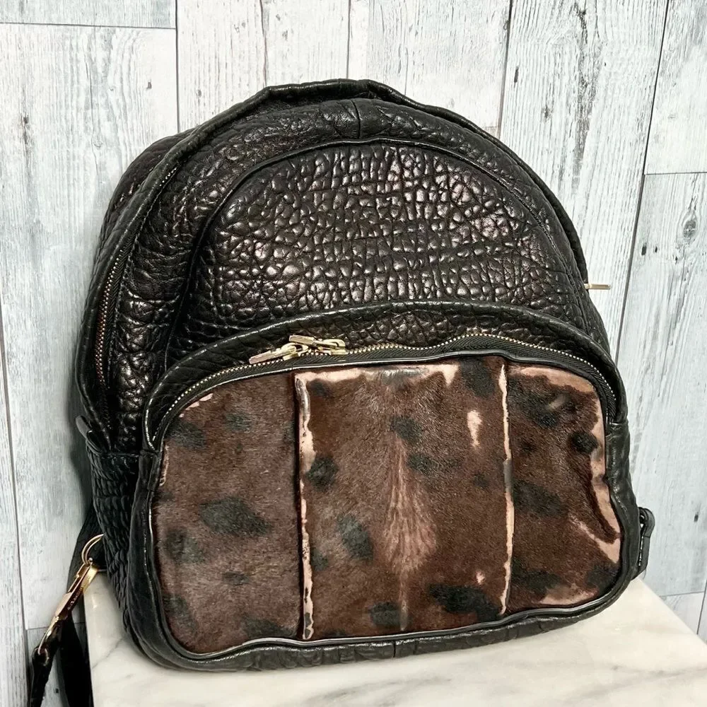 Alexander Wang Black Embossed Leather & Calf Hair Studded Backpack Bag Luxurious